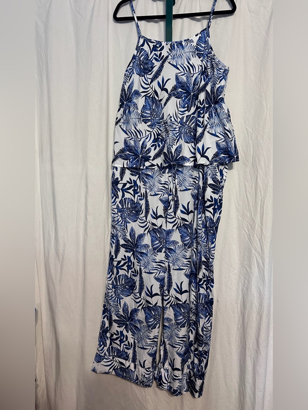 George White Top with Blue Tropical Leaf Print & Pants